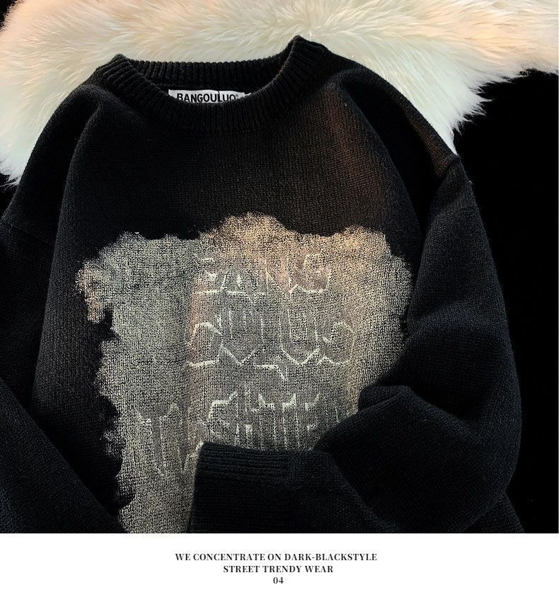 Unisex Retro Graffiti Sweater Thick Knit Pullover Autumn Winter_voghion.com