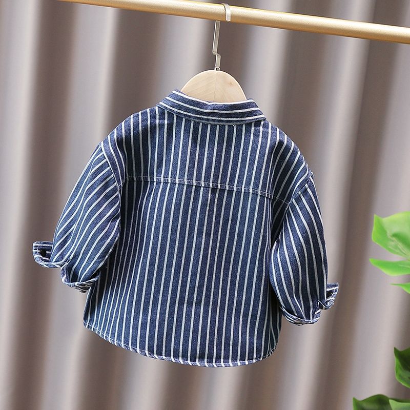 Children's Vertical Stripe Pocket Splicing Denim Jacket for Boys and Girls 2022 Spring and Autumn Baby Thin Top Baby Shirt