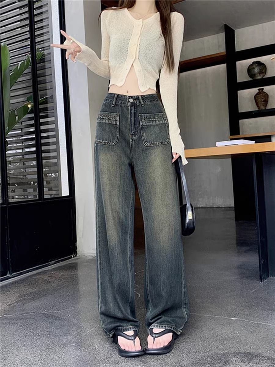 復古直筒牛仔褲女2023年秋季新款高腰寬鬆顯瘦垂感闊腿拖地長褲子