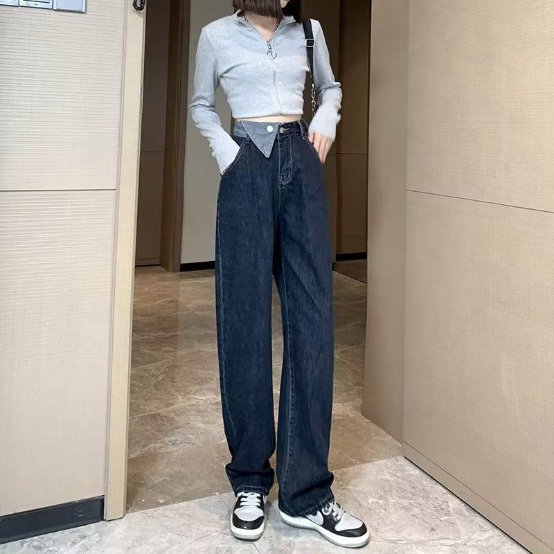 深藍色闊腿牛仔褲女秋季美式高街高腰小個子寬鬆直筒拖地褲子春秋