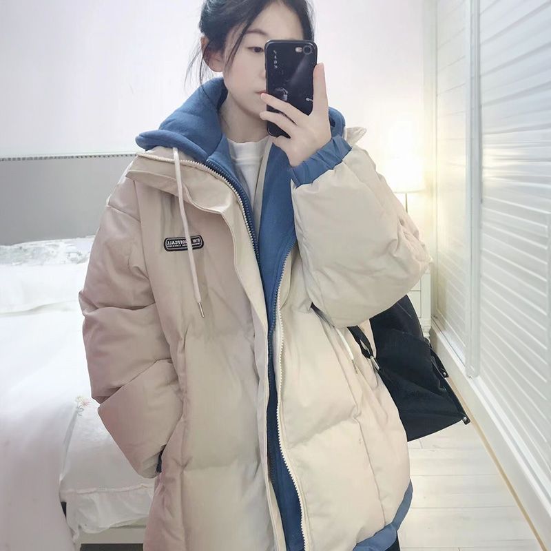 Fake two-piece hooded bread jacket for female students  winter new style retro small man loose cotton coat