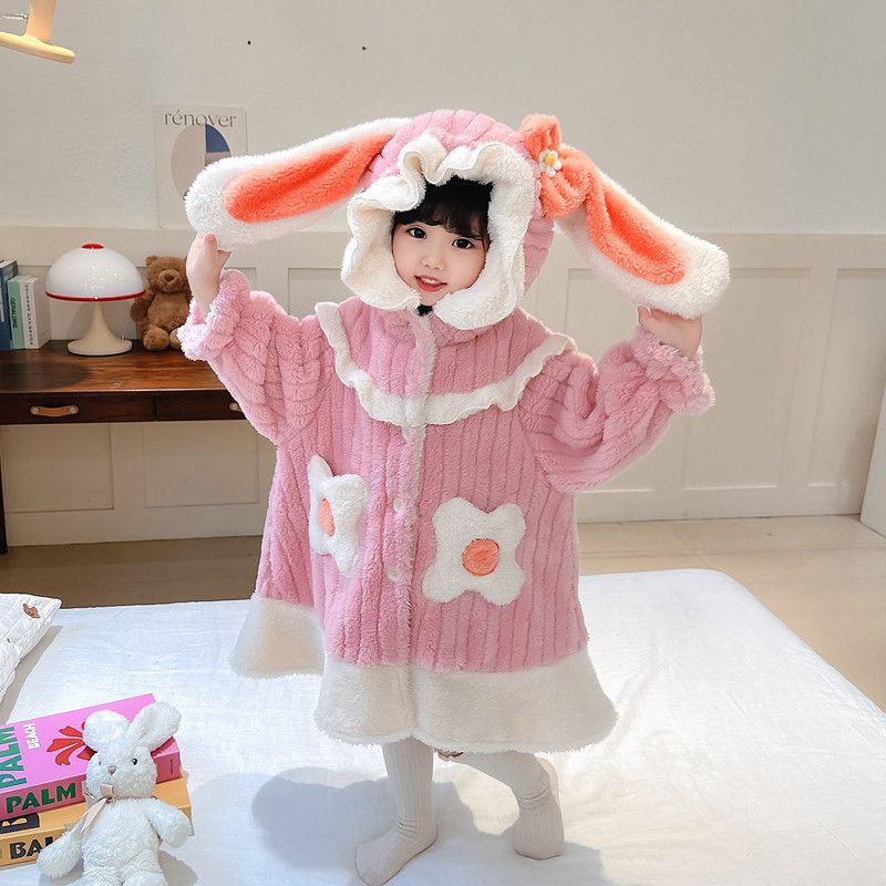 Children's coral velvet pajamas girls princess style nightgown winter cartoon girl baby flannel mid-length nightgown