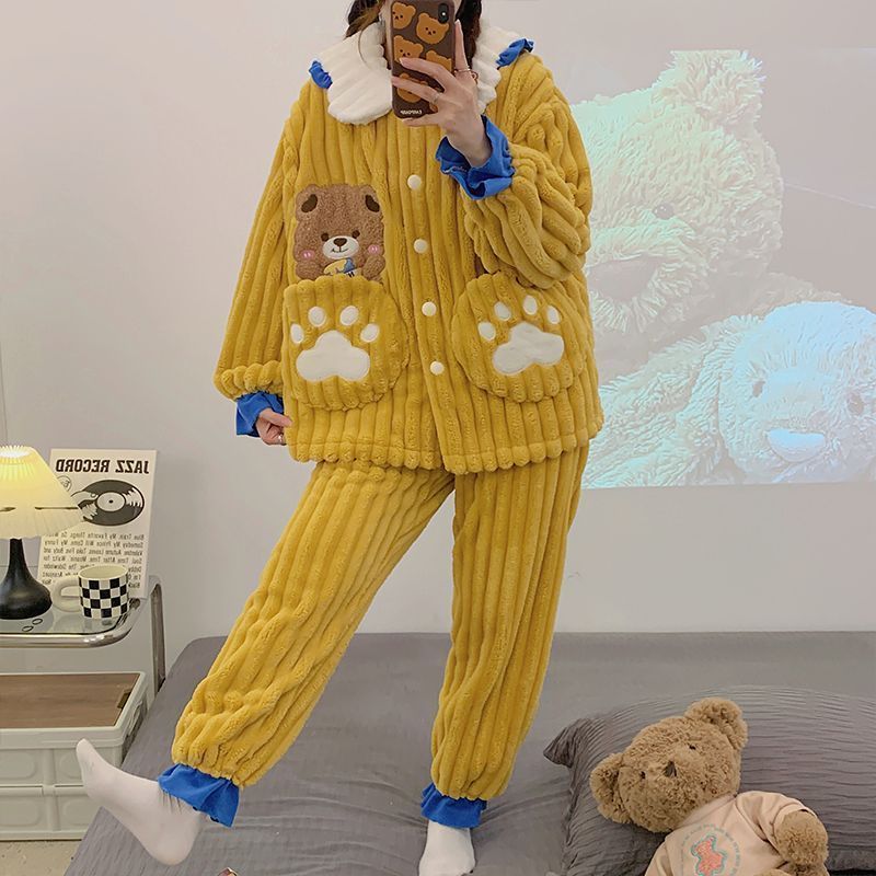 爆款睡衣女冬季珊瑚絨韓版卡通寬鬆慵懶風家居服加厚保暖大碼套裝