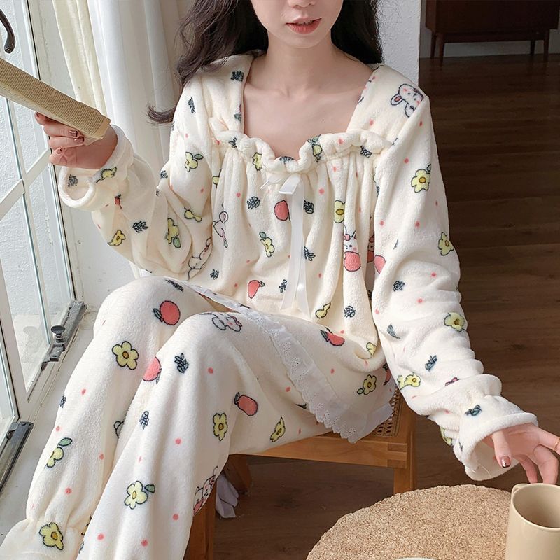 珊瑚絨睡衣女冬季加厚保暖卡通公主風可外穿法蘭絨家居服冬款套裝