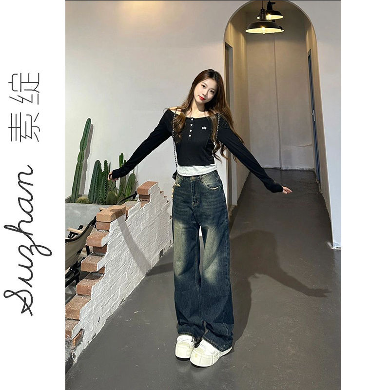 黑色新款設計感紐扣長袖t恤女早秋百搭顯瘦短款圓領假兩件上衣服