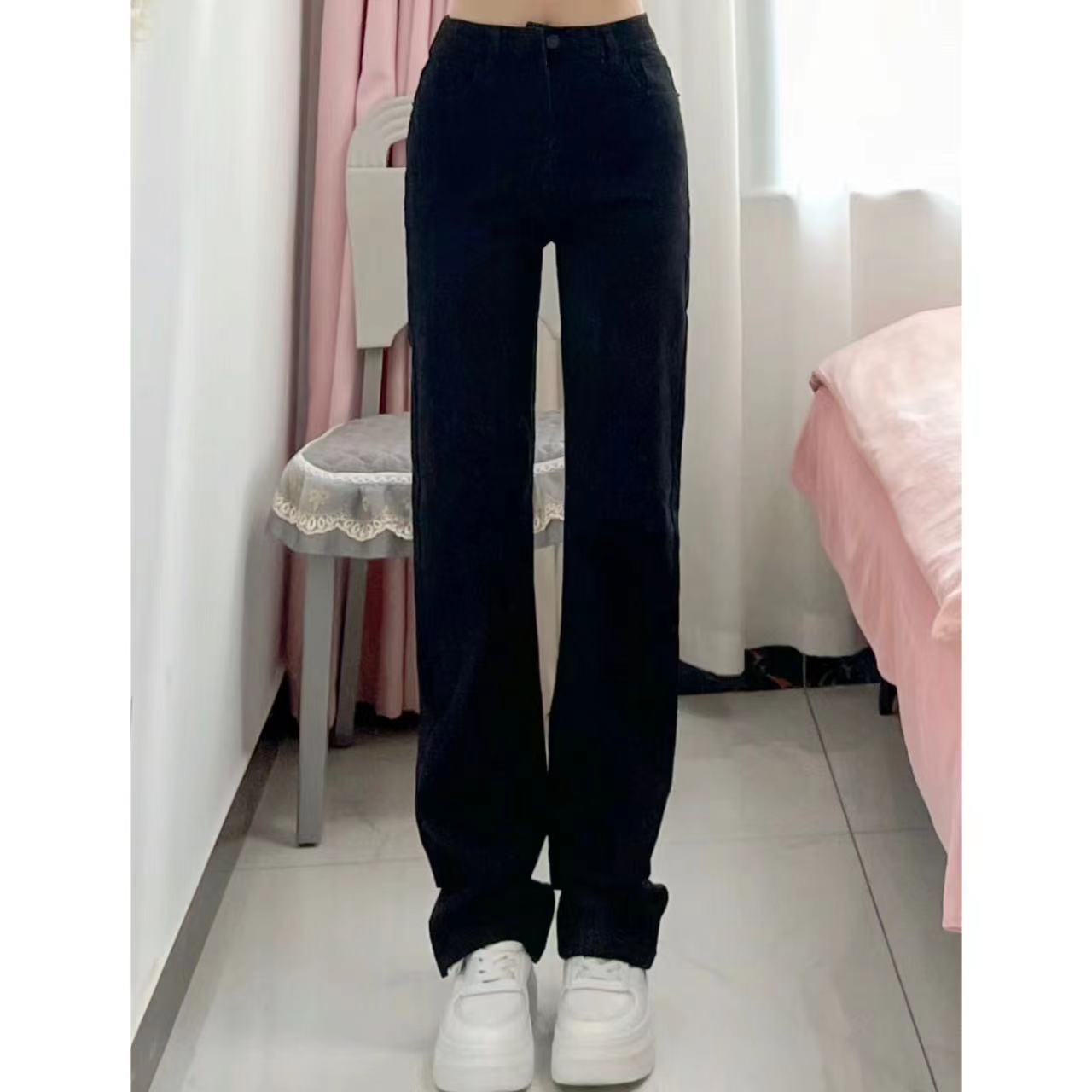 秋冬季黑色直筒牛仔褲女窄版網紅顯瘦辣妹韓版水洗彈力拖地長褲潮
