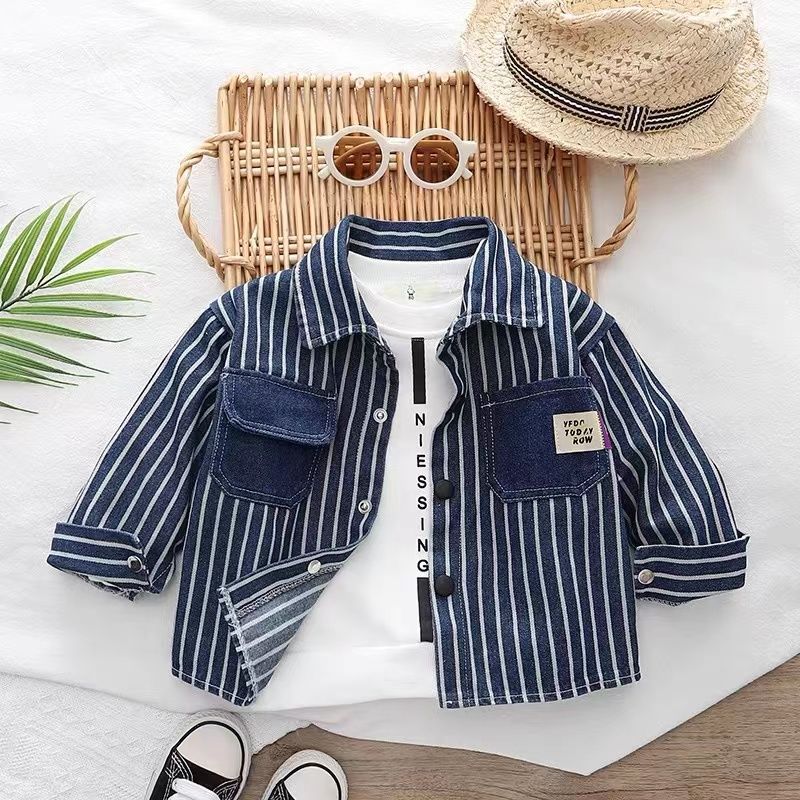 Children's Vertical Stripe Pocket Splicing Denim Jacket for Boys and Girls 2022 Spring and Autumn Baby Thin Top Baby Shirt