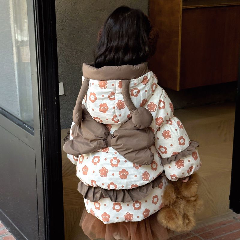 2023 Children's Down Jacket Girl Princess Korean Style Cute Thickened Bow Hooded Winter Jacket