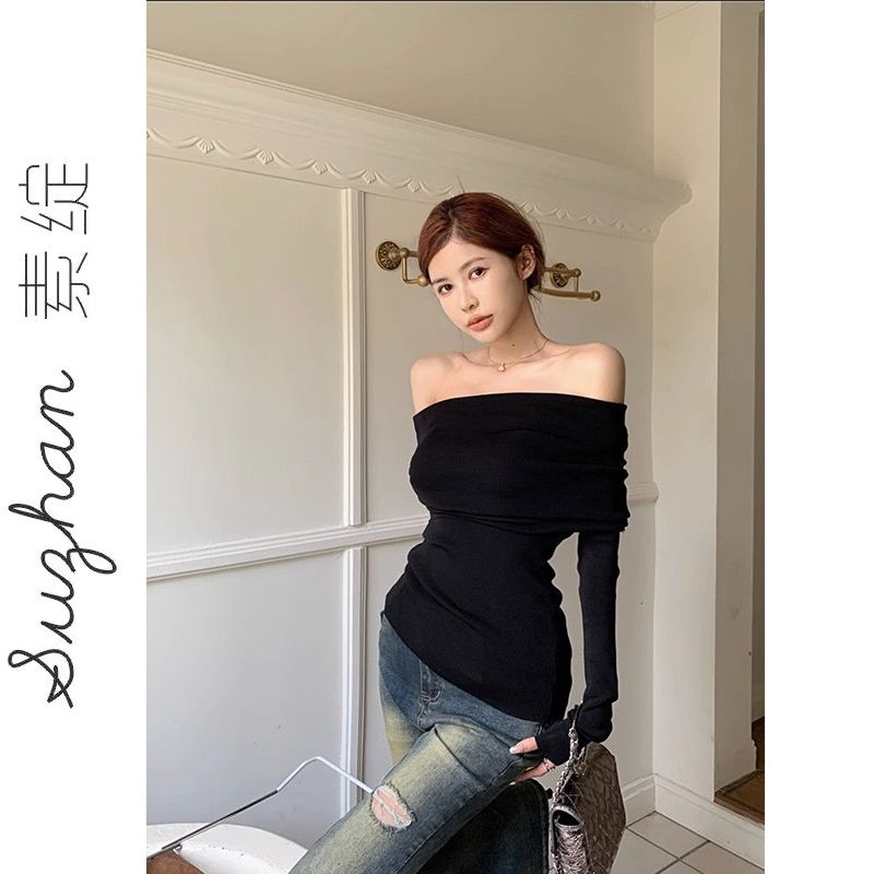 秋季設計感小眾修身露肩百搭針織衫上衣女簡約款一字肩長袖毛衣潮