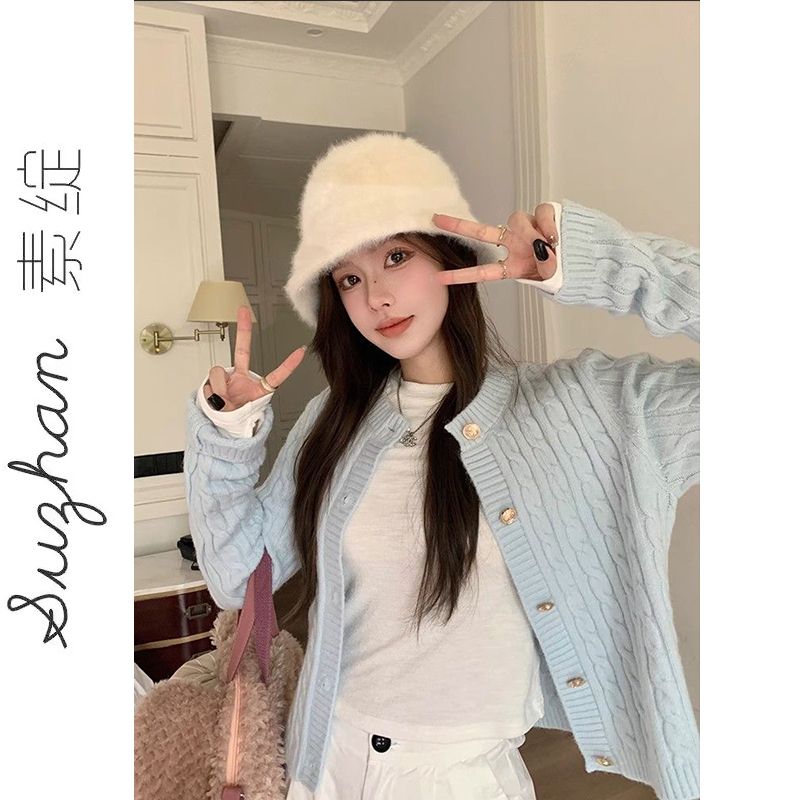 小個子百搭修身顯瘦紐扣針織開衫女秋季氣質休閒外穿圓領短款上衣