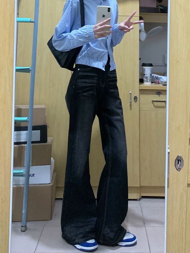 黑色闊腿微喇牛仔褲女秋季新款高腰寬鬆遮肉顯瘦百搭直筒喇叭褲子