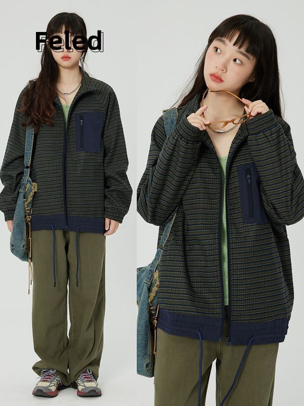 Feila Denton Autumn Jacket for Men and Women BoyFriend Style Casual Loose Contrast Color Striped Zipper Drawstring Top