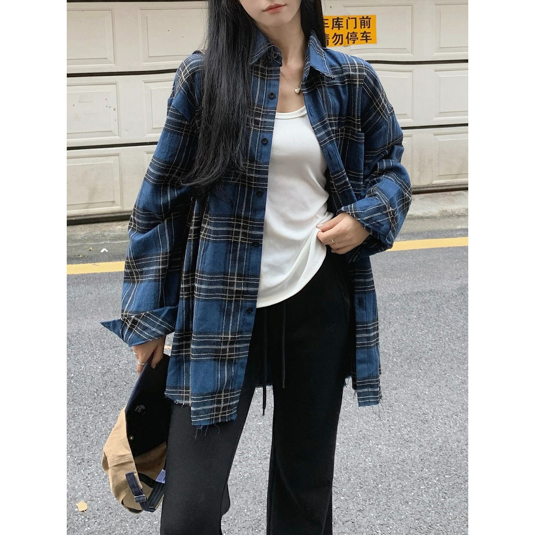 慵懶風復古格子Polo領長袖襯衫女秋季設計感寬鬆顯瘦休閒上衣外套
