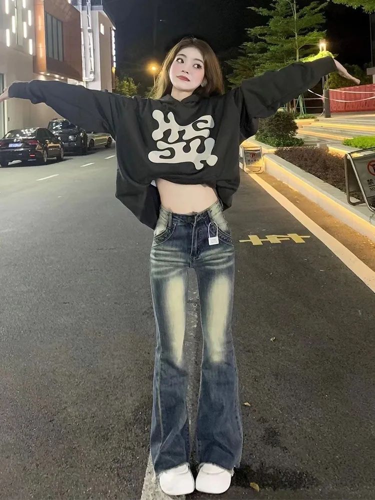 美式高街彈力微喇叭牛仔褲女秋季新款復古毛邊高腰顯瘦高街牛仔褲