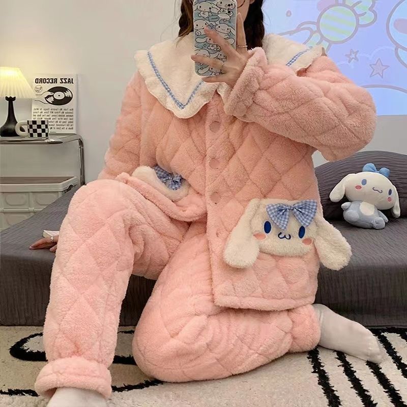 Big-eared dog thickened pajamas women's winter three-layer coral velvet quilted thickened home wear flannel suit