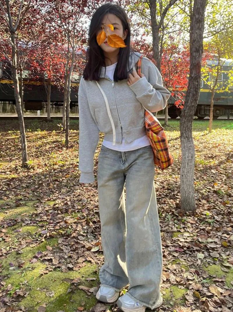 美式復古做舊黃泥色直筒牛仔褲女2023秋季新款高腰顯瘦寬鬆闊腿褲