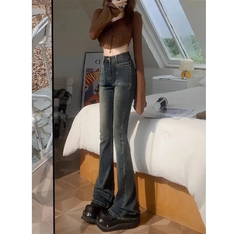 2023 Spring and Autumn New Cement Gray Flared Jeans Women's High Waist Slim Versatile Floor-length Flared Jeans for Small People
