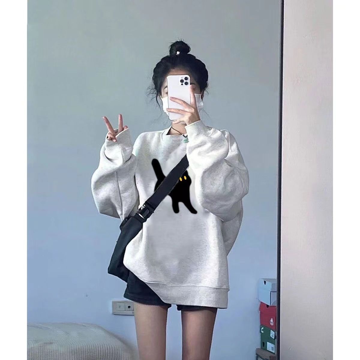 美式港風chic卡通貓咪衛衣女2023春秋冬加絨寬鬆高級感套頭上衣潮