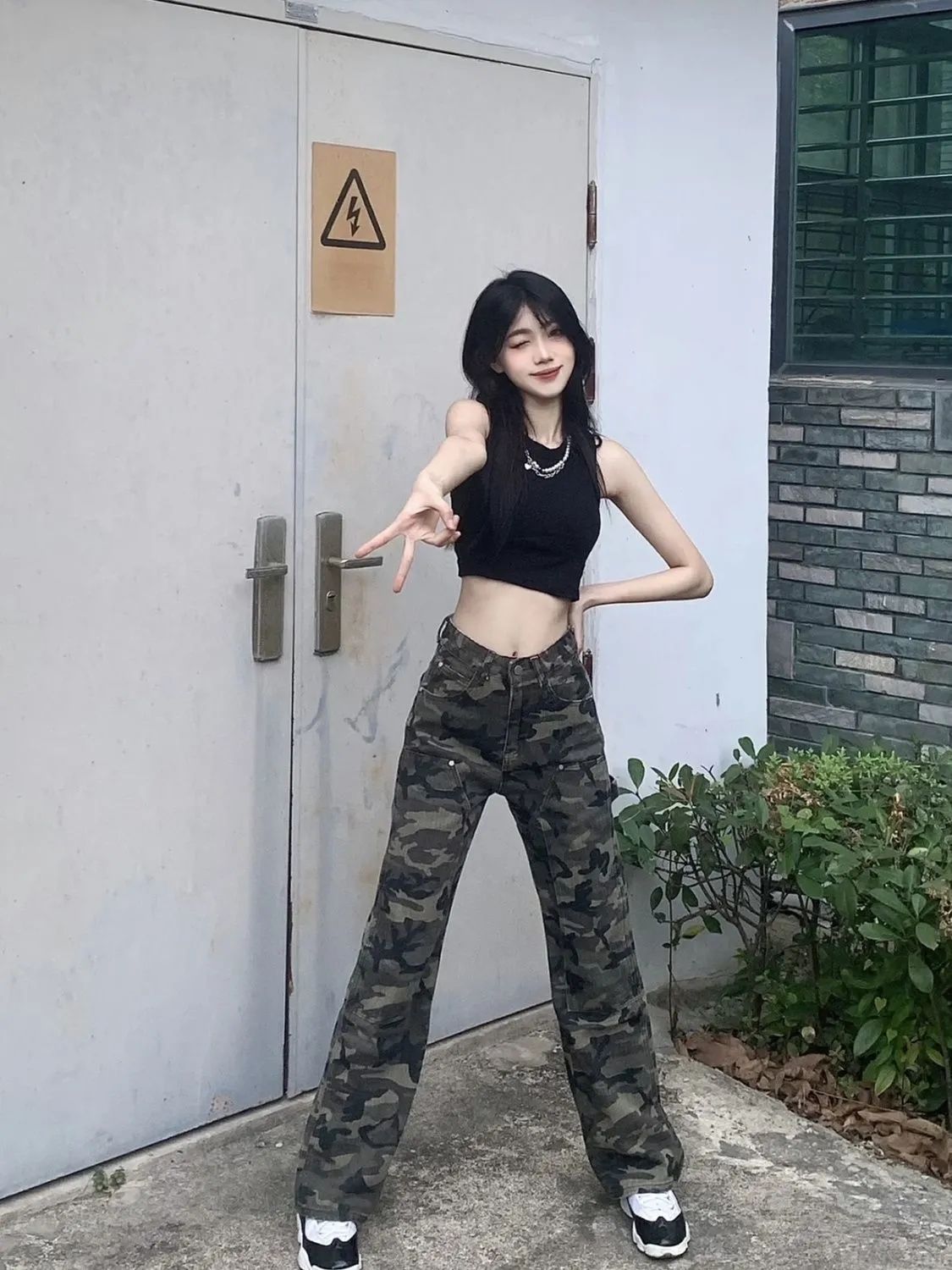 美式復古迷彩牛仔褲女秋季高腰直筒寬鬆闊腿工裝長褲子高街ins潮