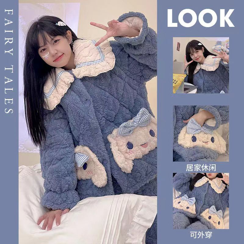 睡衣女秋冬季珊瑚絨三層夾棉加絨加厚可外穿保暖法蘭絨家居服套裝