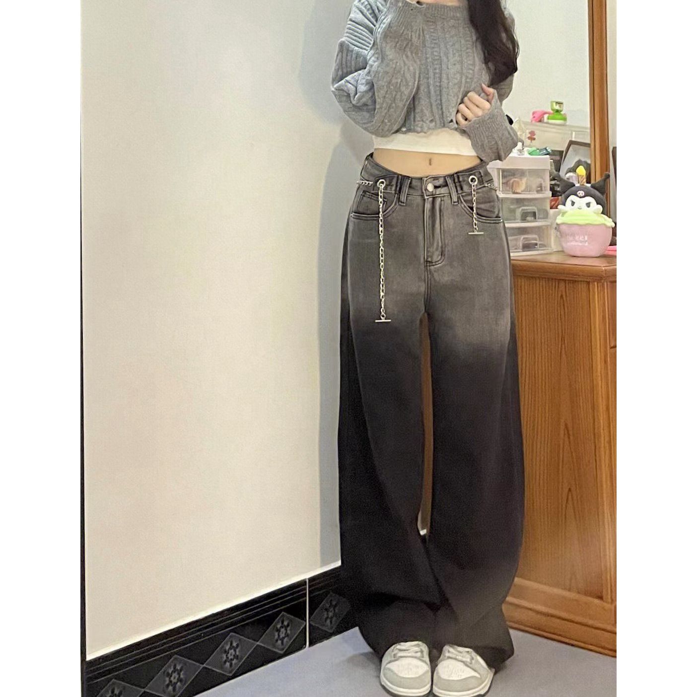 春夏新款高街直筒垂感拖地長褲子潮復古港風洗水漸變黑色牛仔褲女