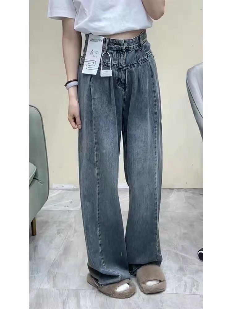 復古慵懶寬鬆闊腿牛仔褲女秋冬百搭拖地長褲寬鬆高腰直筒褲子潮春