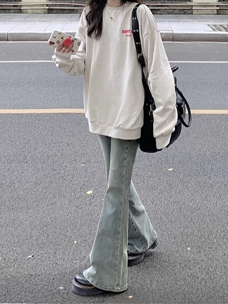 做舊黃泥微喇叭牛仔褲女秋季新款高腰修身顯瘦百搭直筒拖地褲子潮