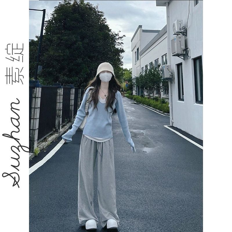 韓版學院風設計感撞色假兩件套頭毛衣女秋冬慵懶風軟糯顯瘦針織衫