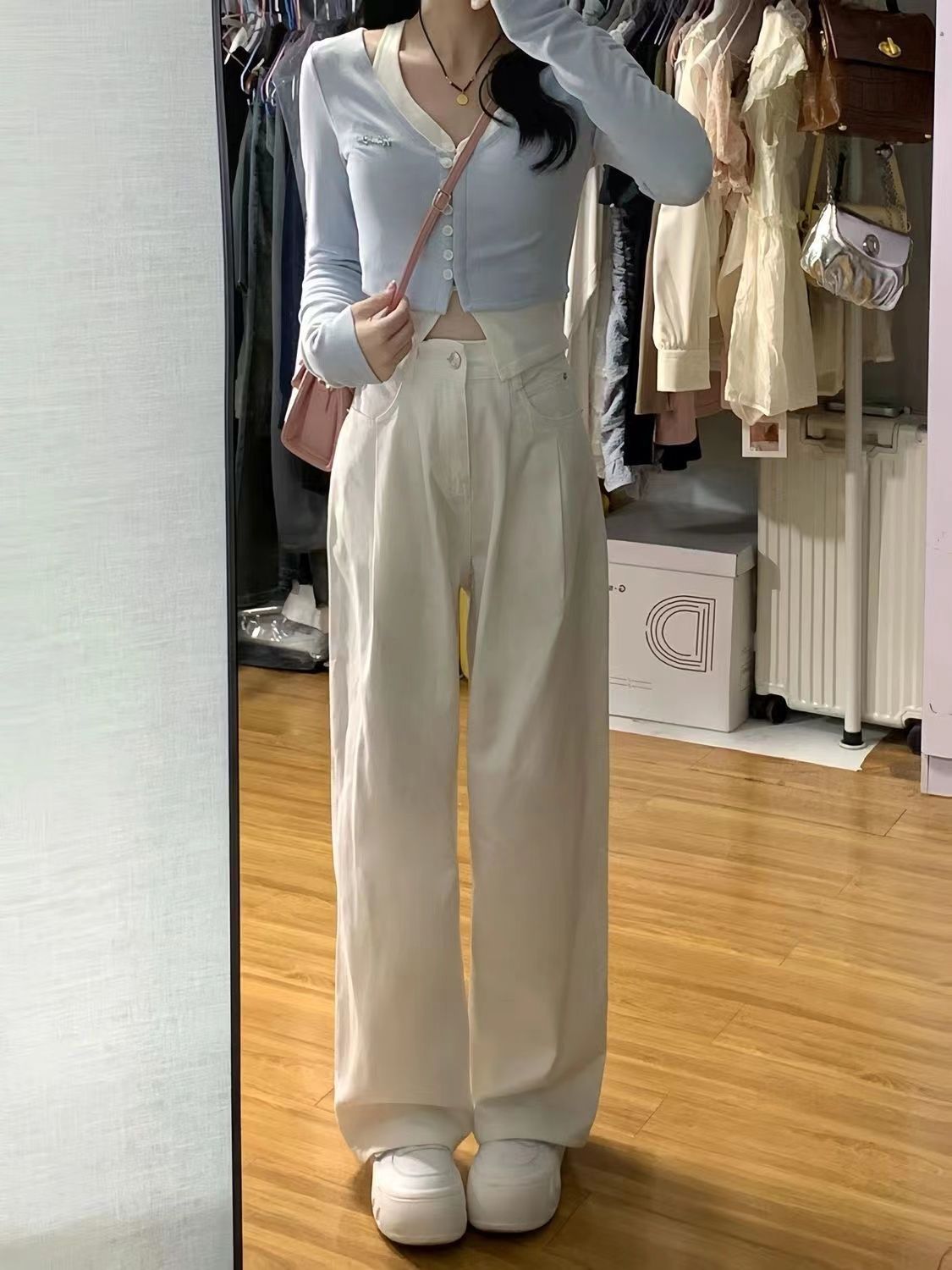 美式韓版高街白色牛仔褲女秋季新款高腰顯瘦直筒寬鬆闊腿褲ins潮
