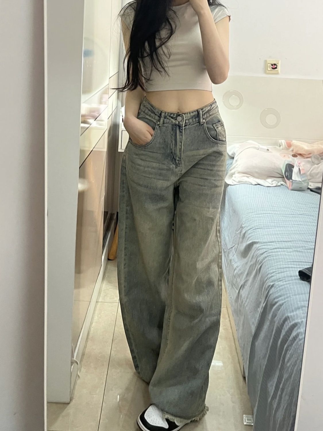 美式復古高街做舊毛邊牛仔褲女秋季高腰顯瘦直筒長褲闊腿拖地褲子