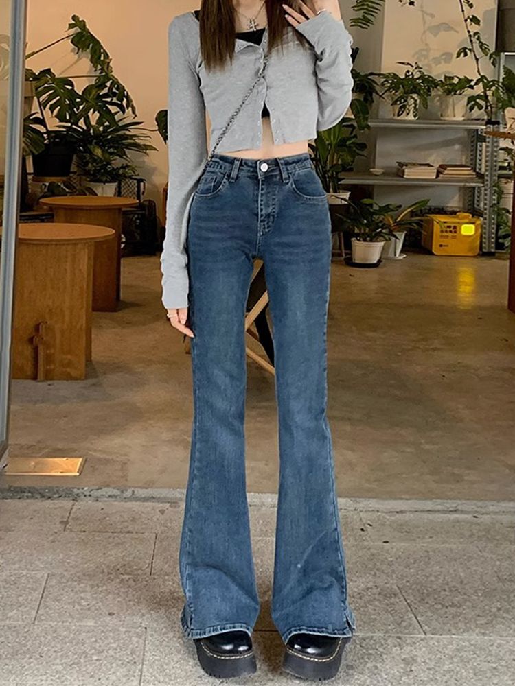 復古開叉微喇牛仔褲女秋季新款高腰修身顯瘦百搭直筒拖地喇叭褲子