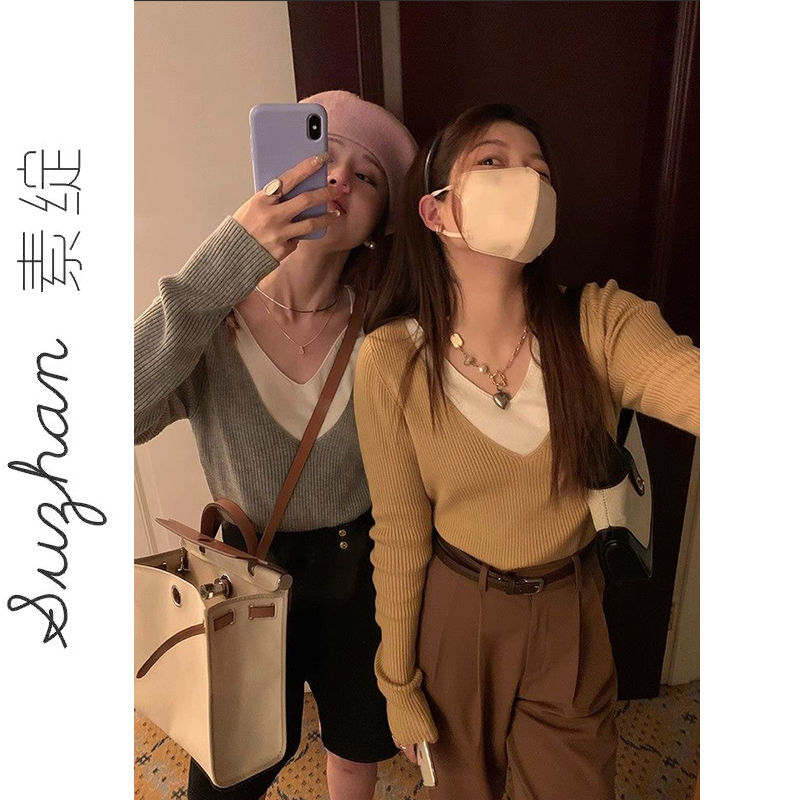 秋季新款灰色修身顯瘦V領套頭打底上衣女韓系簡約撞色假兩件針織