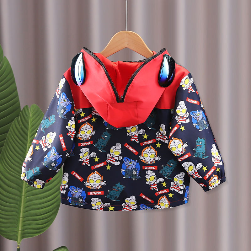 奧特曼拼接衣服眼鏡男大童春秋外套2023新款中小兒童連帽上衣夾克