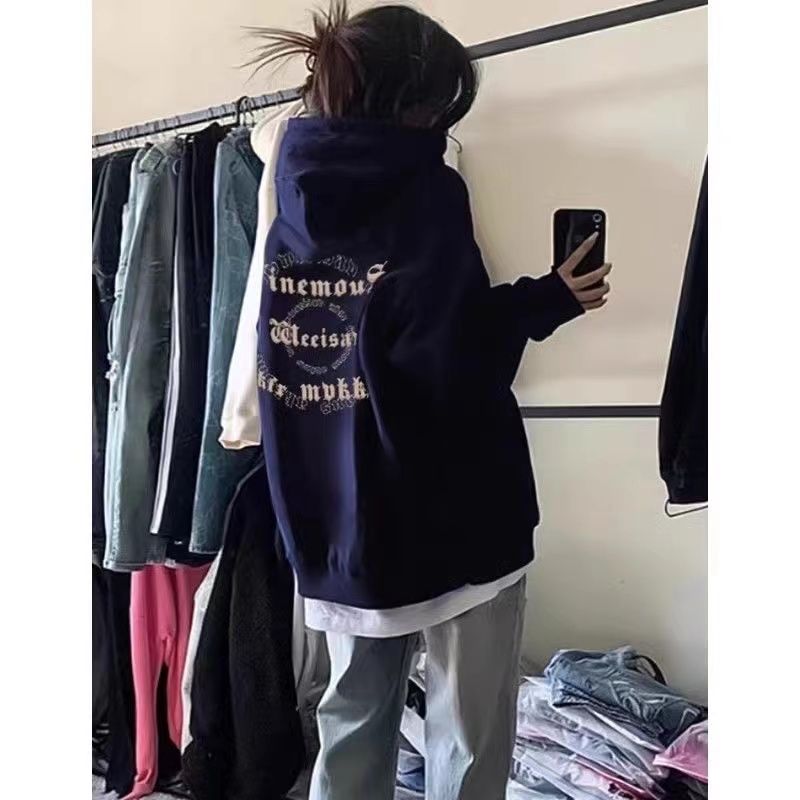 日系慵懶字母印花衛衣外套女薄春秋冬高街寬鬆休閒百搭加絨連帽衫