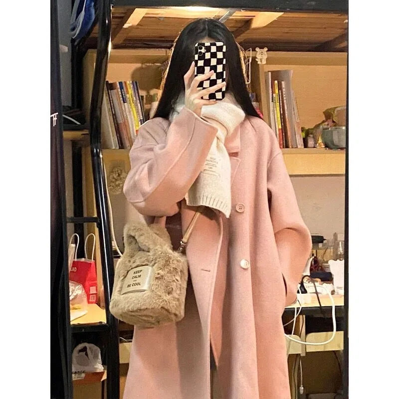 粉色呢子大衣女秋冬新款韓系寬鬆顯瘦中長款赫本風毛呢外套女過膝