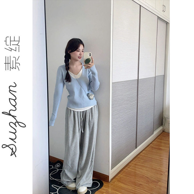 早秋新款設計感別致長袖百搭顯瘦上衣女韓版溫柔風V領長袖針織衫