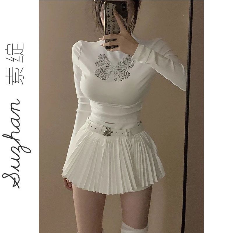 韓版氣質修身顯瘦時尚百搭燙鑽純棉長袖上衣女秋季正肩半高領t恤