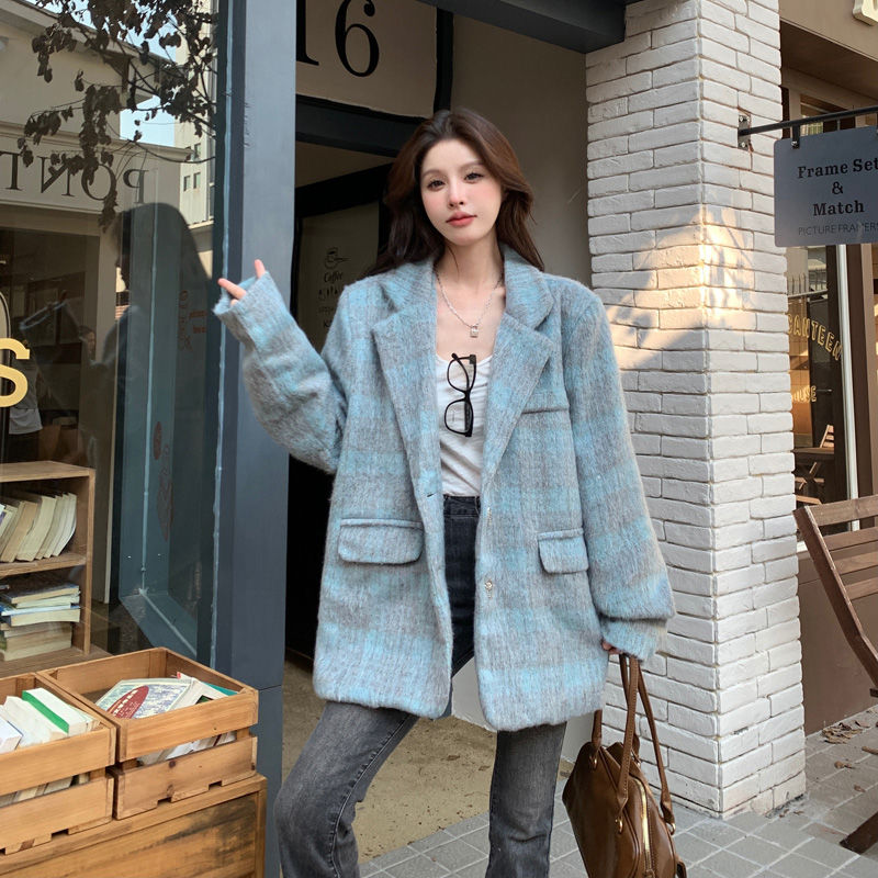 Xiaoxiangfeng celebrity woolen plaid blazer women's autumn and winter design high street sense niche retro versatile top