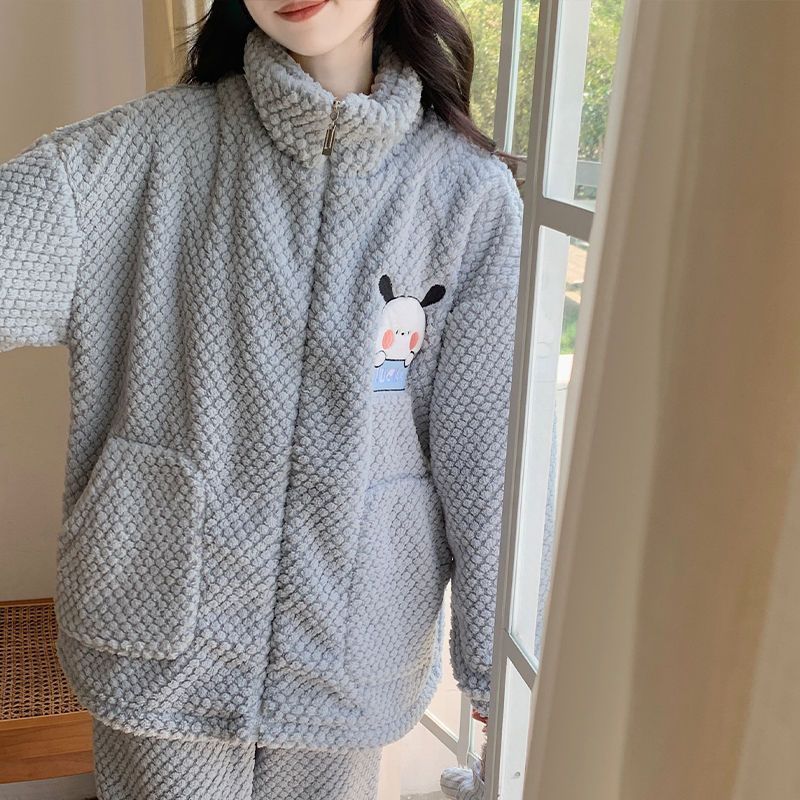 珊瑚絨睡衣女秋冬季加厚加絨學生2023年新款拉鏈法蘭絨家居服套裝