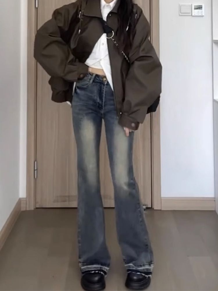 美式復古微喇叭牛仔褲女秋季新款高腰修身顯瘦毛邊直筒拖地褲子潮