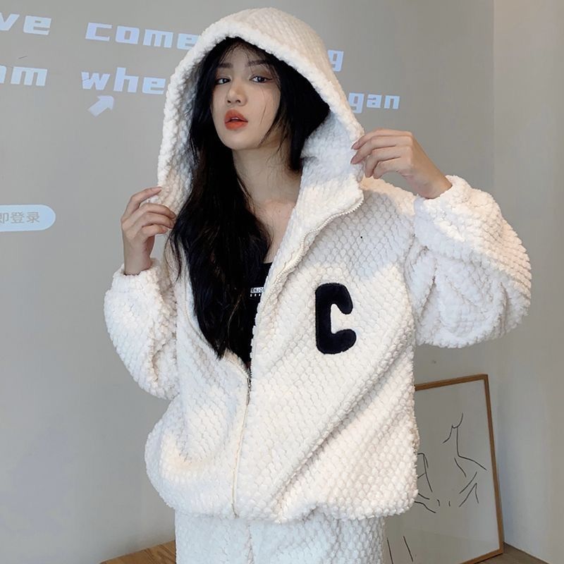 珊瑚絨睡衣女秋冬季加厚加絨2023年新款拉鏈連帽法蘭絨家居服套裝