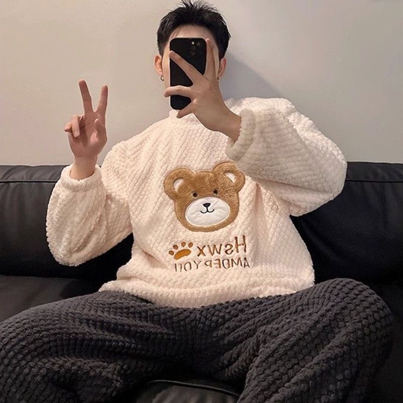 珊瑚絨睡衣男秋冬季加厚加絨學生可愛2023年新款法蘭絨家居服套裝