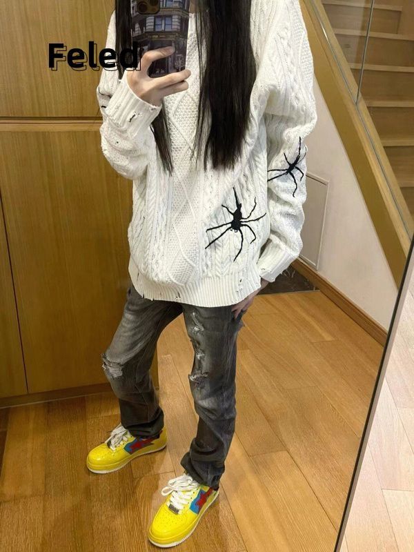 飛拉丹頓破壞洞毛衣蜘蛛印花針織毛衣男女寬鬆慵懶風百搭潮上衣