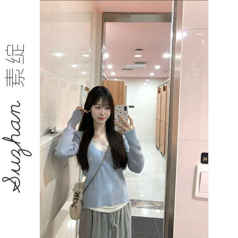 法式新款撞色拼接撞色假兩件上衣女美式復古ins風小眾高級打底衫