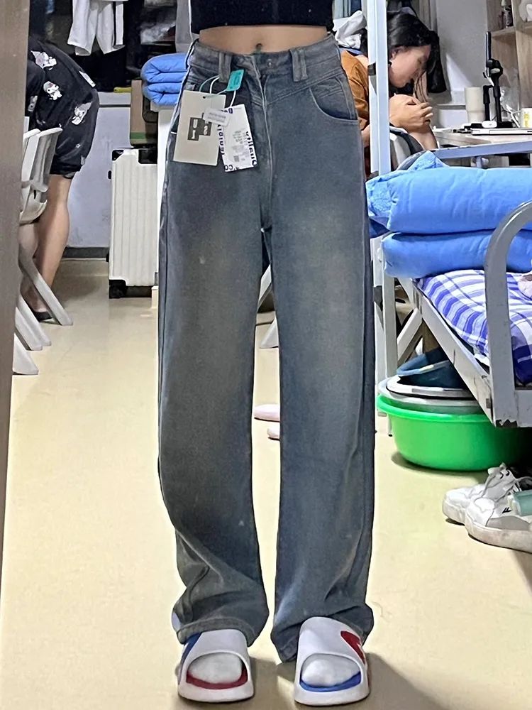 星空紋設計闊腿牛仔褲女秋季新款高腰寬鬆遮肉顯瘦直筒拖地褲子潮