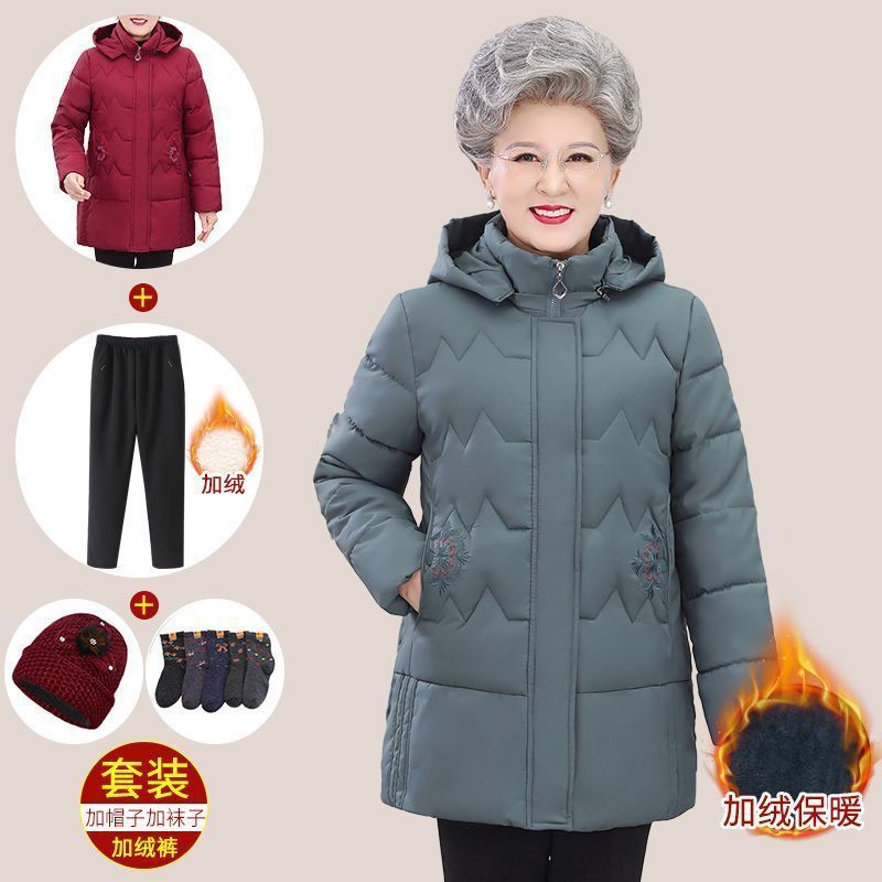 中老年人冬裝棉衣女媽媽加絨加厚大碼棉服外套奶奶中長款連帽棉襖