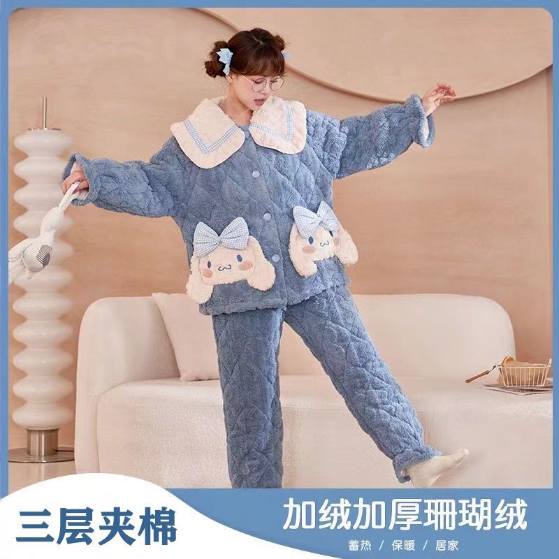三層加厚睡衣女冬季珊瑚絨加絨夾棉法蘭絨可愛外穿家居服棉襖套裝