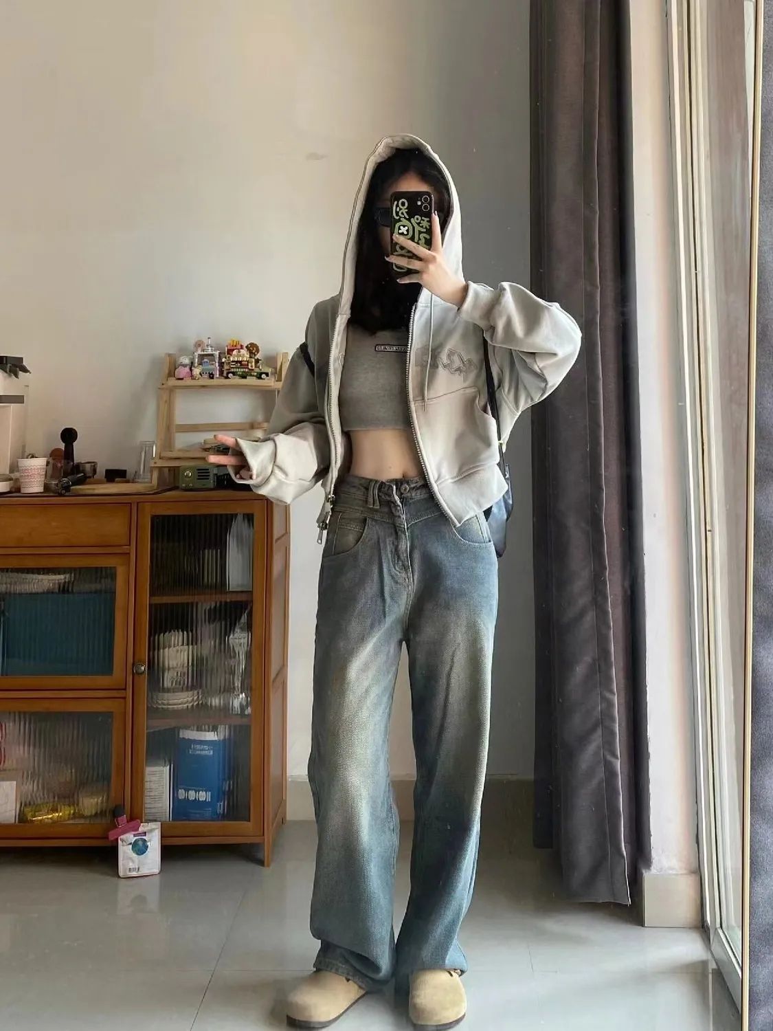 復古藍闊腿牛仔褲女2023新款寬鬆垂感高個子星空紋高腰顯瘦拖地褲