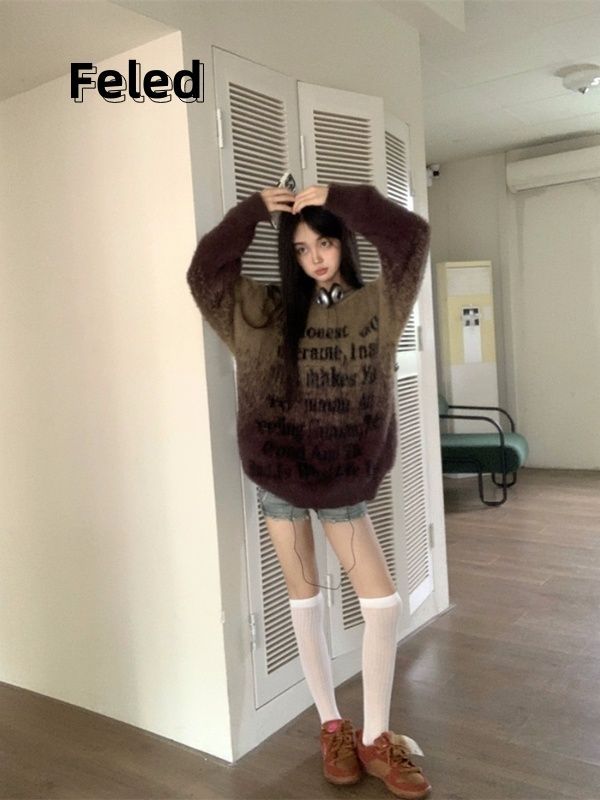 飛拉丹頓漸變字母針織衫男女秋季慵懶風寬鬆軟糯毛衣小香風上衣