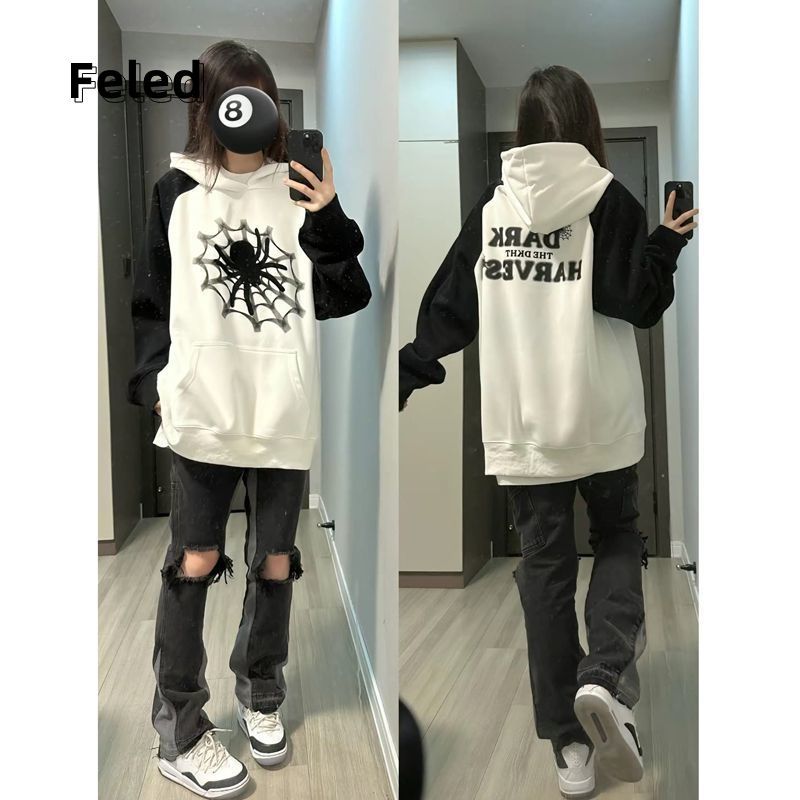 Feila Denton national fashion American spider oversize hooded sweatshirt for men and women early autumn new loose lazy top